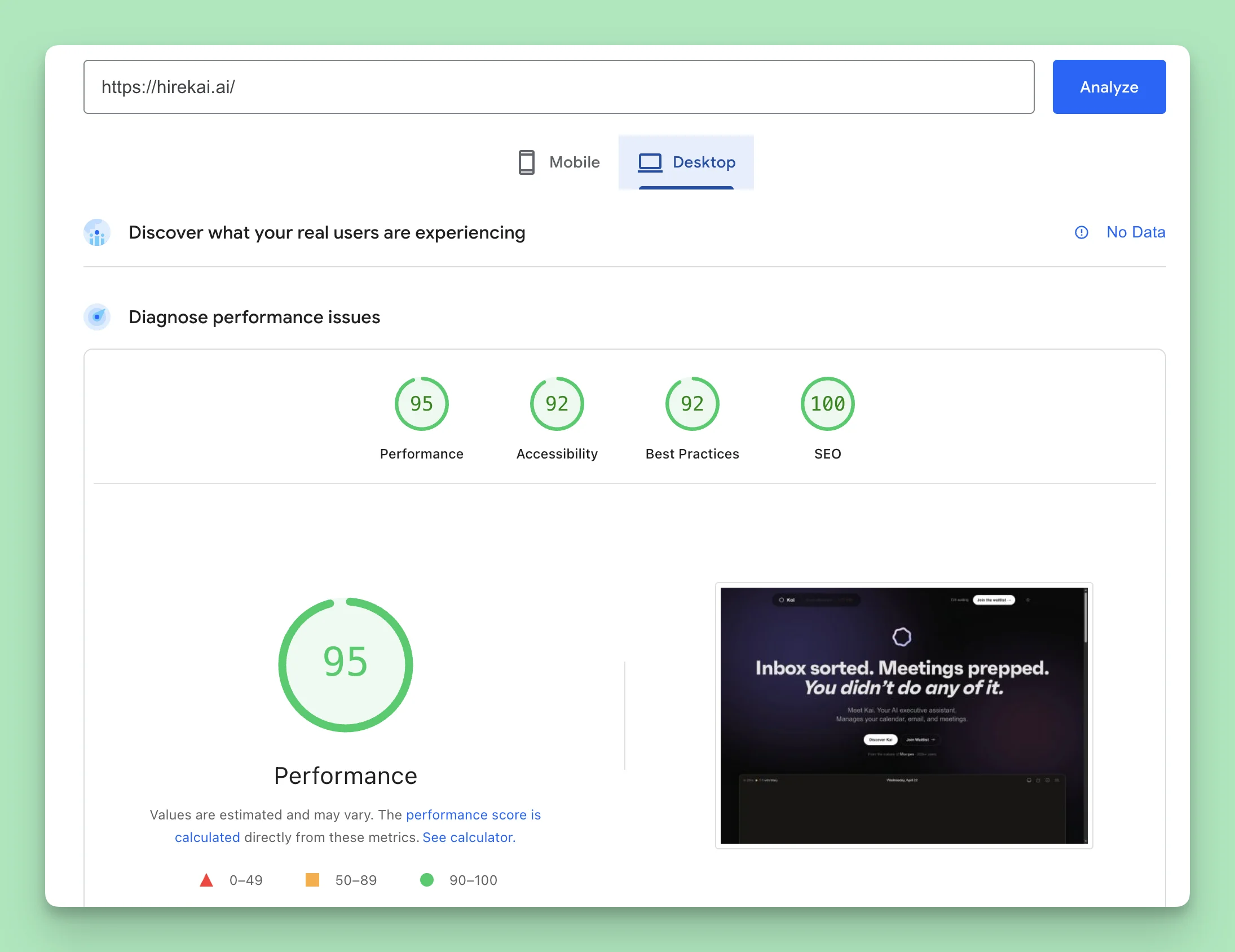 hirekai.ai scoring 90+ on Google PageSpeed Insights, the meta-proof for the AI-native website playbook