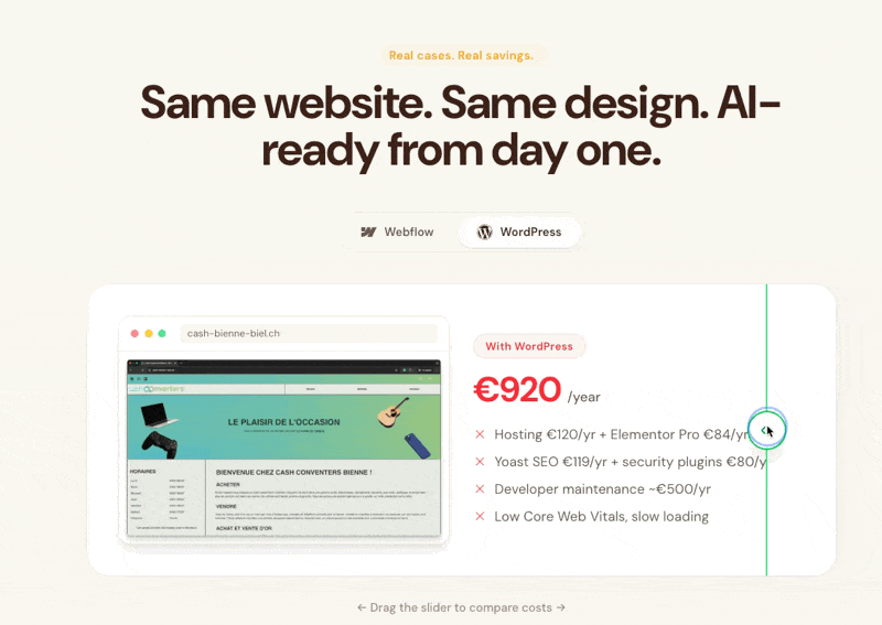 Before and after a migration: the WordPress site replaced by its AI-native equivalent