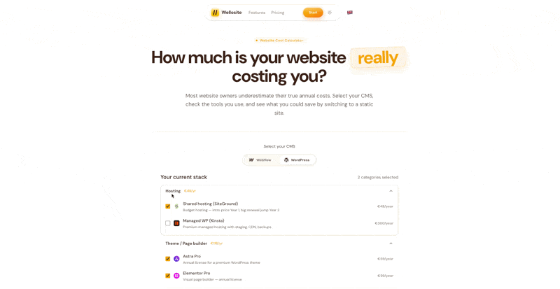 Side-by-side cost comparison: Webflow / WordPress recurring fees vs an AI-native stack
