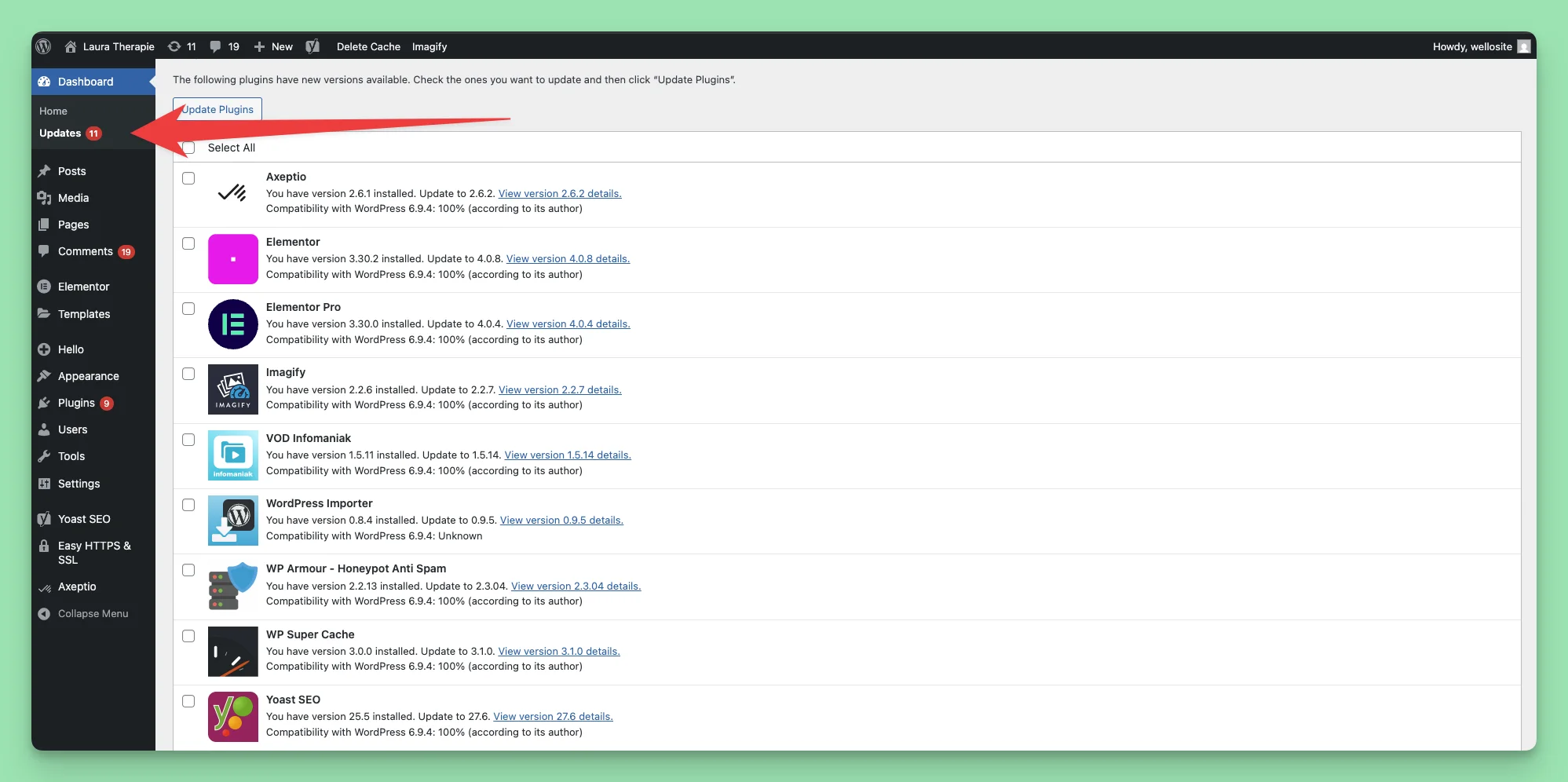 WordPress admin showing a stack of pending plugin and core updates