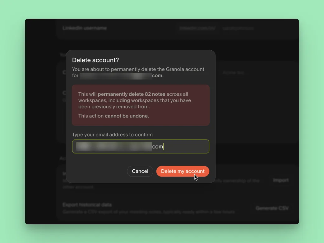 Granola's delete account dialog, warning that 82 notes will be permanently deleted