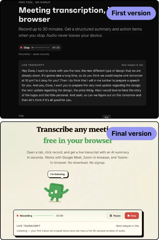 Une semaine de travail UX d'écart : la première version et l'outil final.