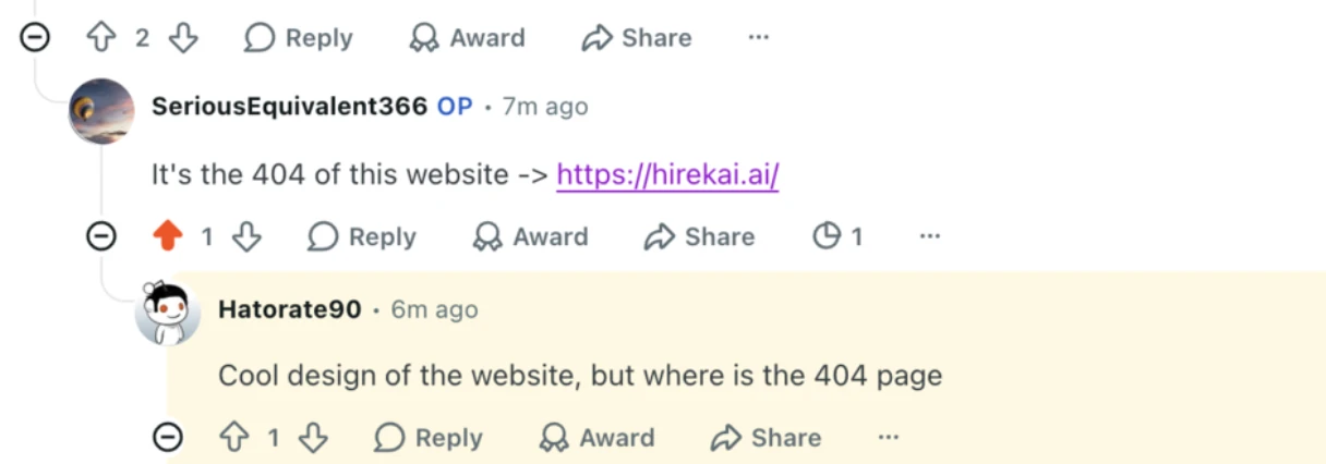 Un commentaire Reddit qui dit : Cool design of the website, but where is the 404 page