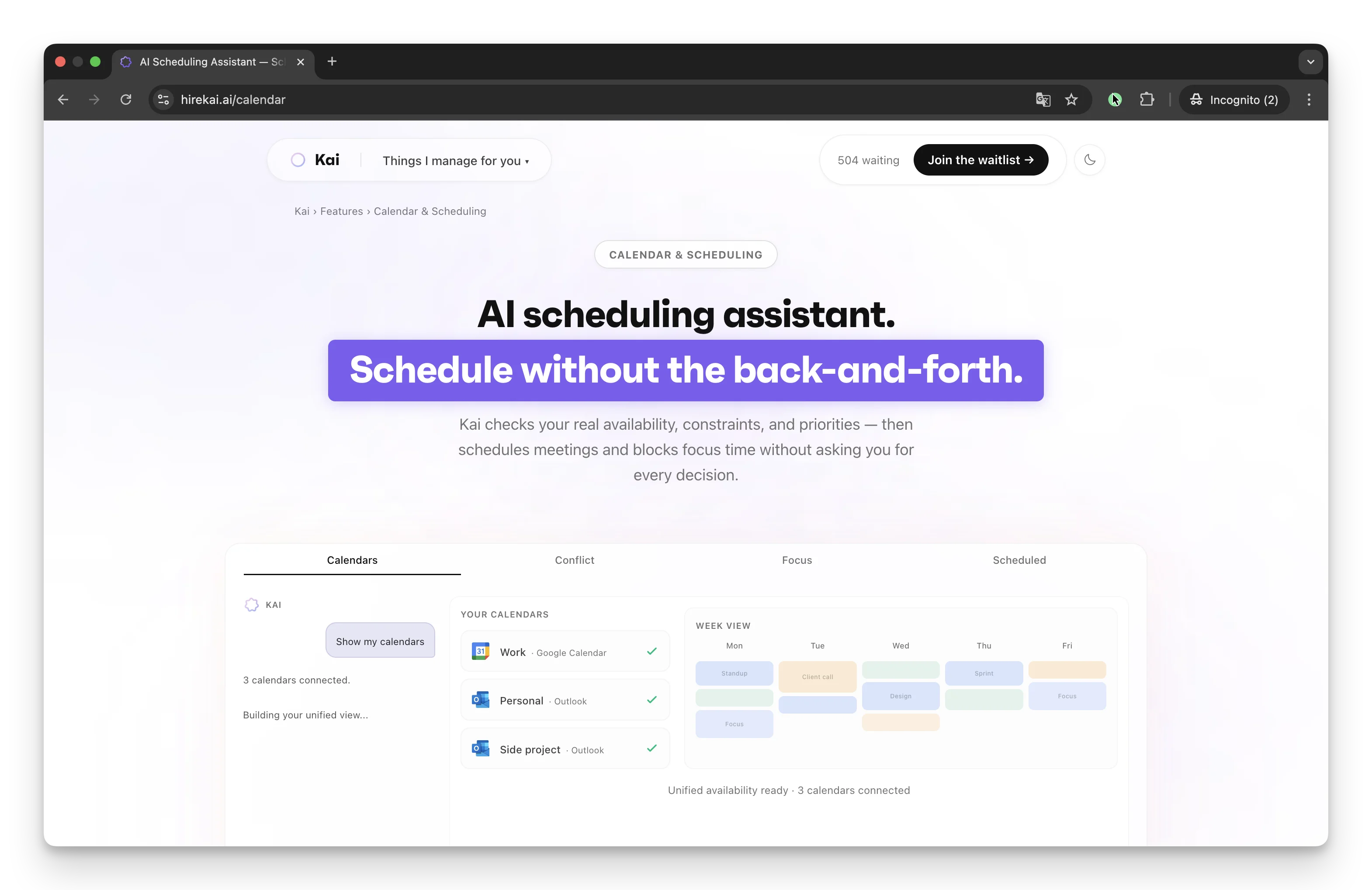 hirekai.ai calendar feature page