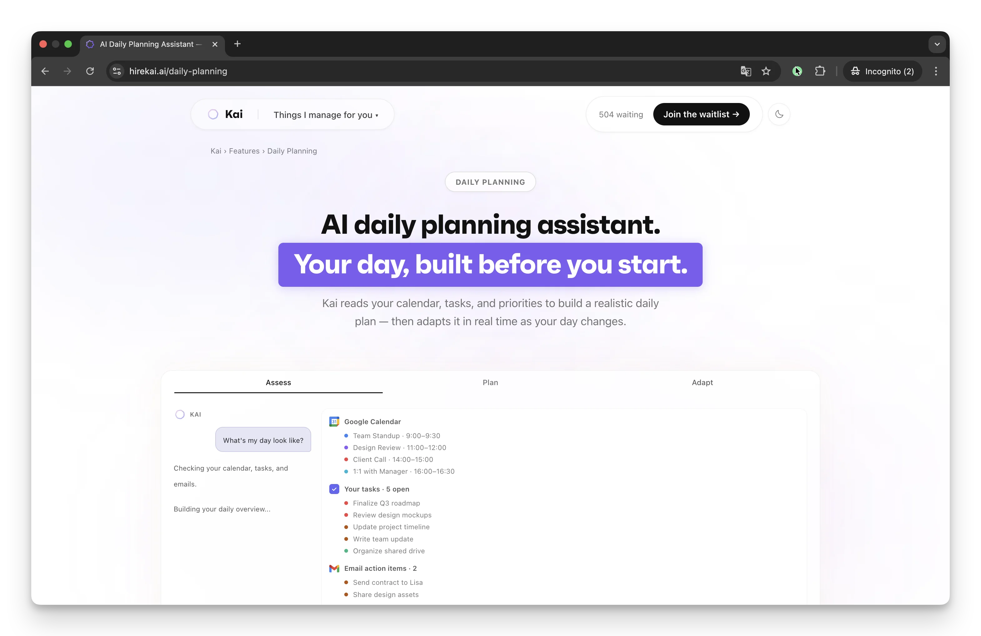 hirekai.ai daily planning feature page