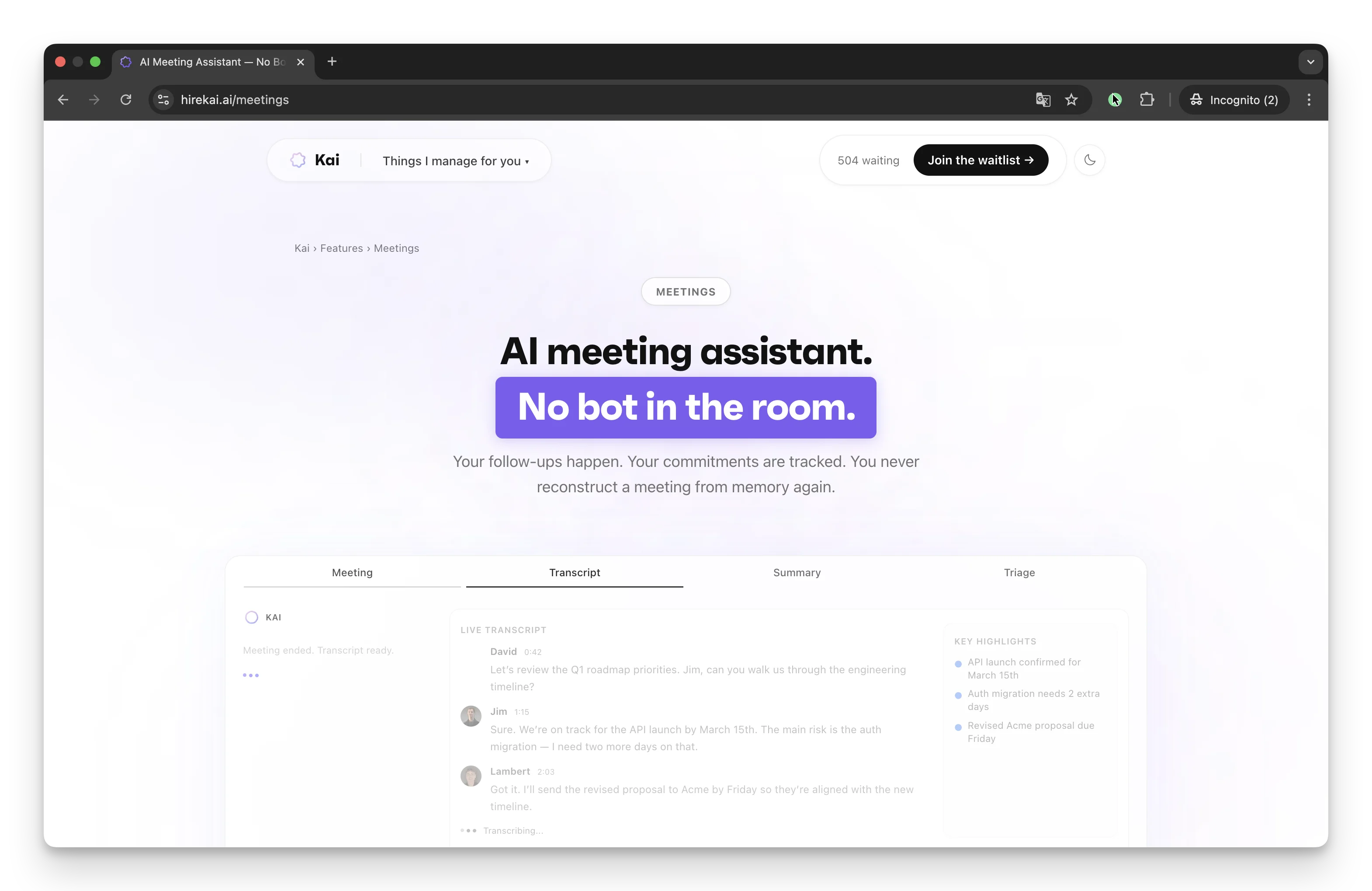 hirekai.ai meetings feature page