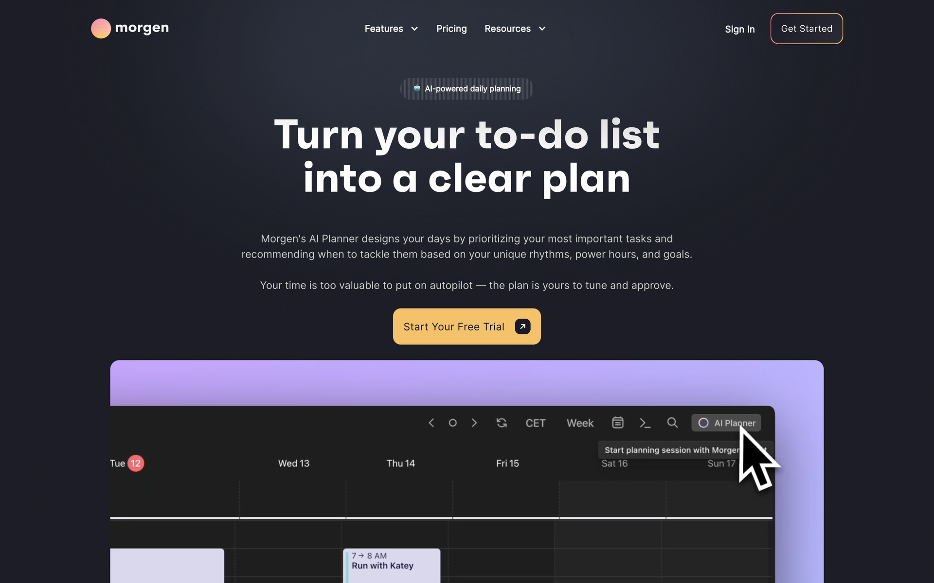 Morgen AI Planner page