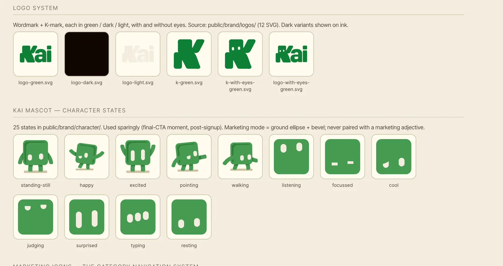 Poster of the Kai design system: cream and green palette, typefaces and mascot states