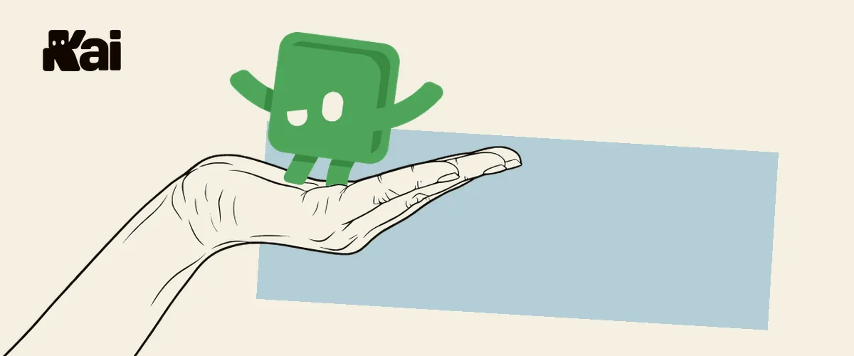 Header of the first onboarding email: the Kai mascot dancing on an open hand on a cream background, with the Kai wordmark