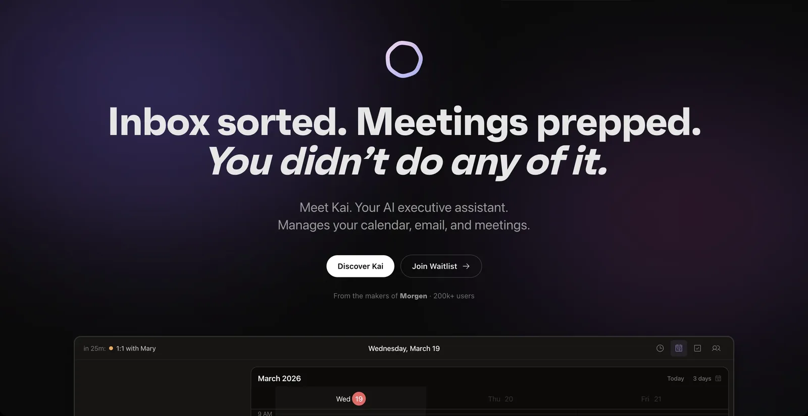 The purple orb homepage from April 2026 beside the current cream hirekai.ai homepage