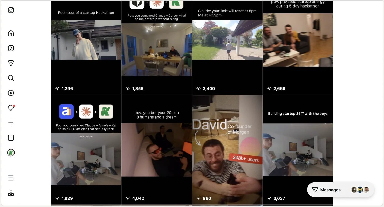 Grid of early Kai Instagram reels, mostly raw hackathon clips