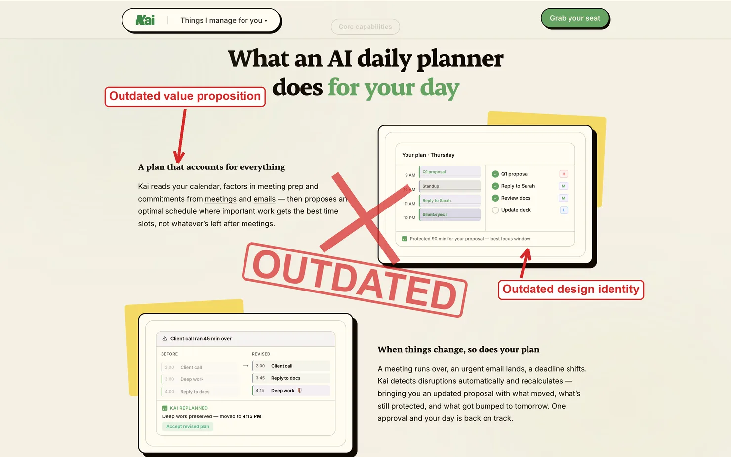 The old cream Kai feature page stamped OUTDATED with callouts on its value proposition and design