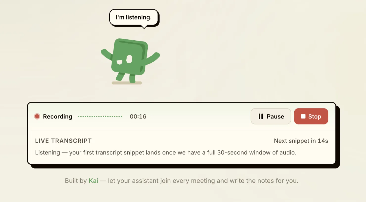 The loginless Kai meeting transcription tool mid-recording in a browser