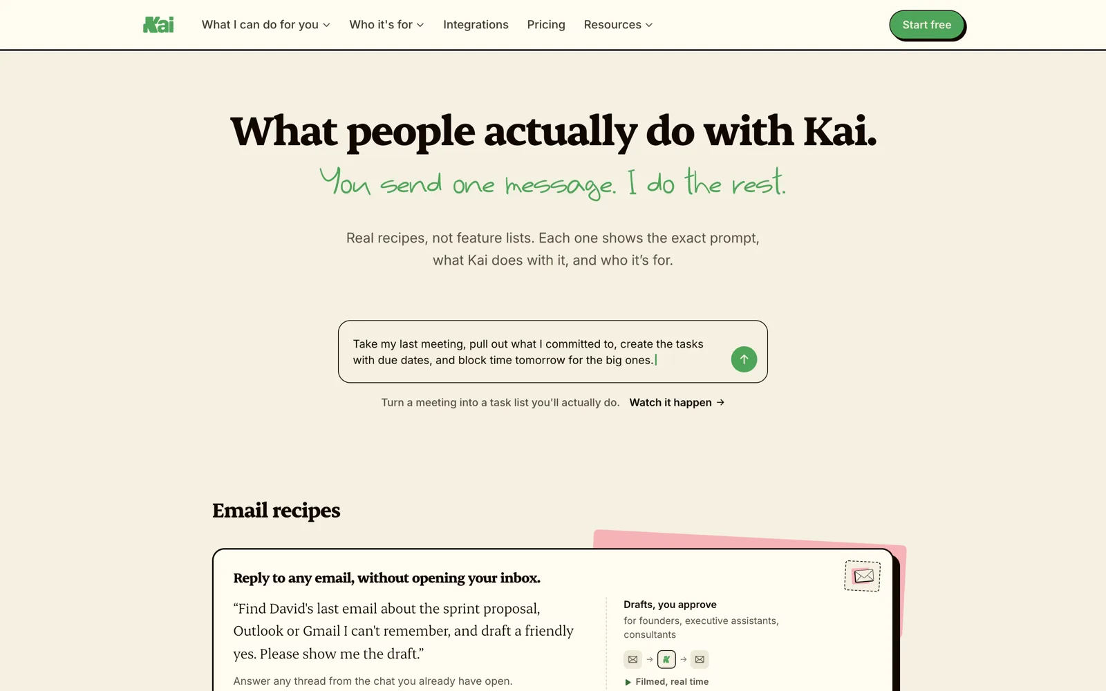 The use-cases hub on hirekai.ai, four recipes each shown as a recording
